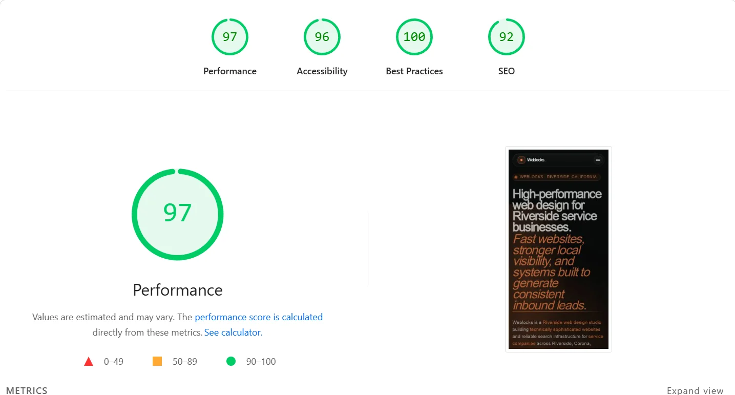 Analytics dashboard overlay showing Core Web Vitals performance scores for a Riverside service business website
