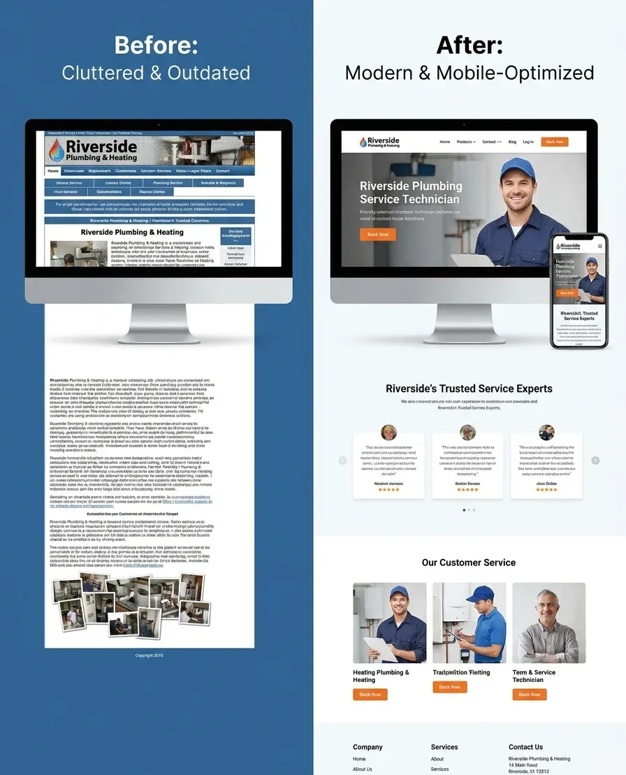 Split-screen comparison of a generic template website versus a custom-designed Weblocks Riverside service business website with clear calls-to-action and modern layout