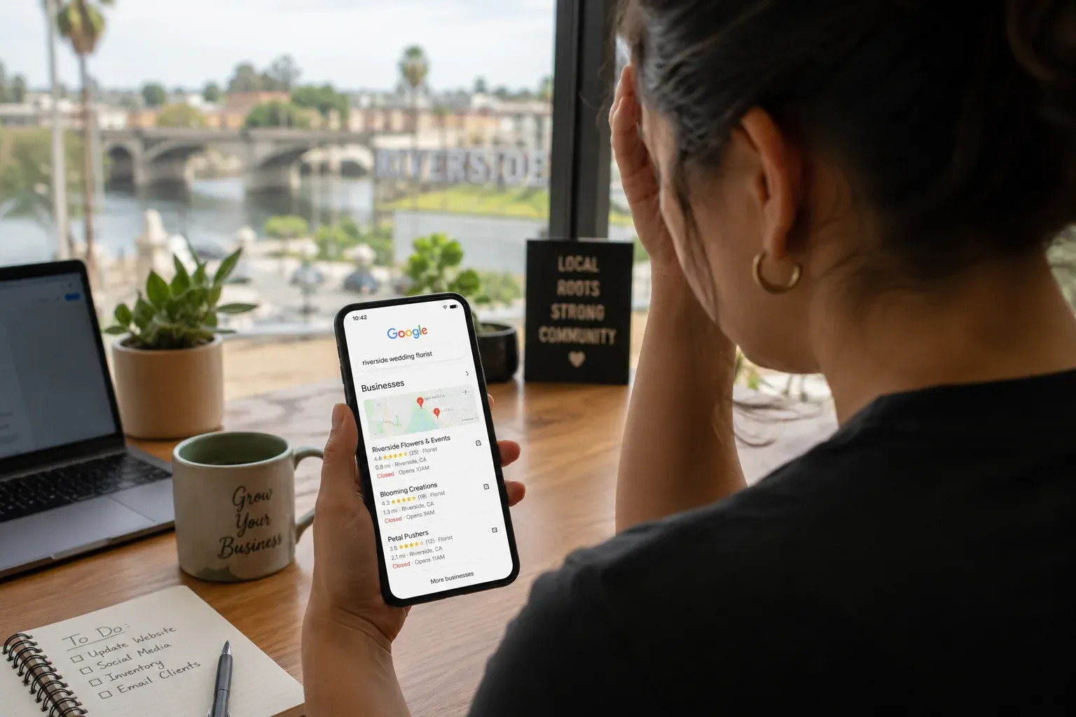 Riverside business owner checking website performance and local visibility on smartphone