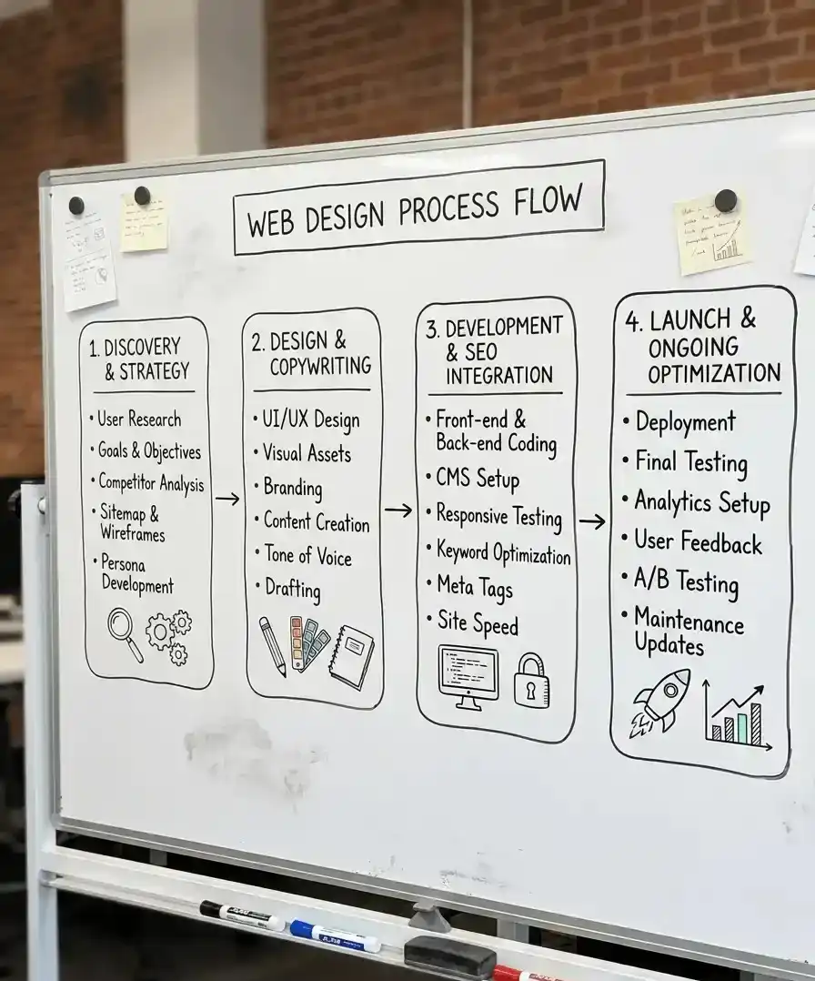 Whiteboard workflow diagram illustrating four-phase web design process: discovery and strategy, design and copywriting, development and SEO integration, launch and ongoing optimization