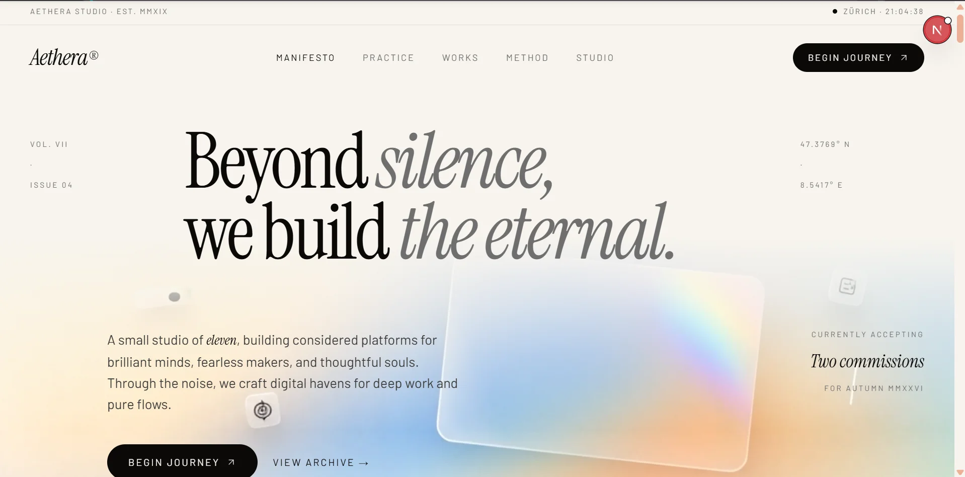Preview thumbnail of the Aethera web design mockup featuring cinematic, typography, framer motion for premium websites for Riverside service businesses